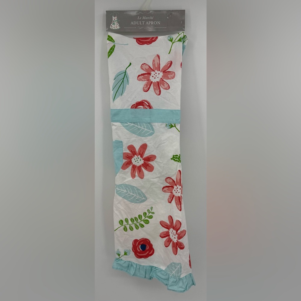 Le Marche White Floral Coral and Aqua Frilly Adult Apron 30” x 31” NWT‎